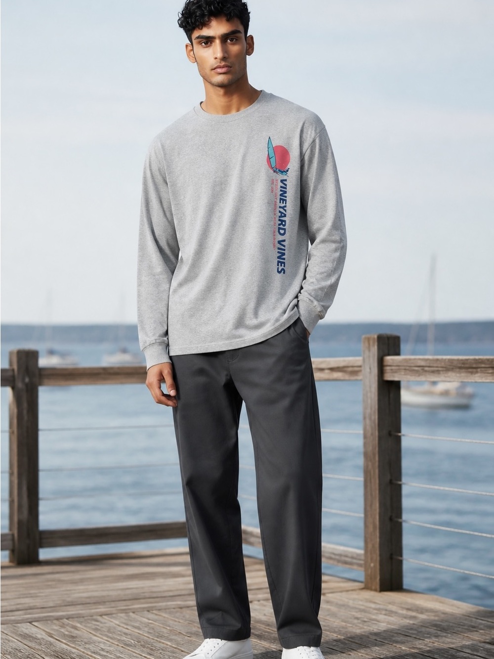 Vineyard Vines Grey Long-Sleeve Tee with Navy & Coral Graphic